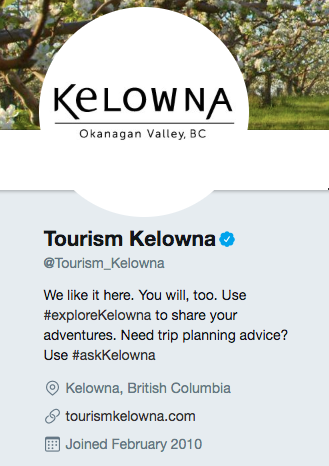 Twitter bio for Tourism Kelowna