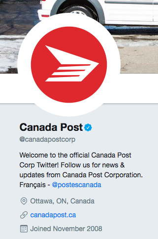 Bio de Twitter pour Postes Canada