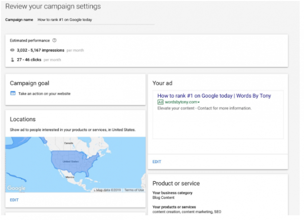 reviewing campaign settings on Google ads