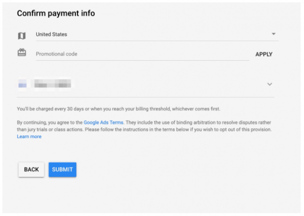 confirm payment info Google Ads