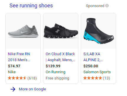 Annonces de recherche Google pour les chaussures de course