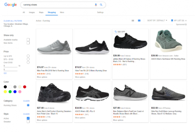 Annonces de recherche Google pour les chaussures de course apparaissant dans Google Shopping