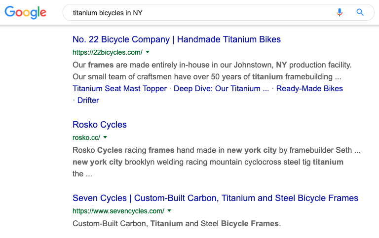 Google search results for "titanium bicycles in New York"