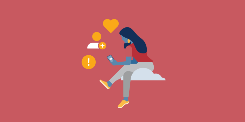 illustration of a woman sitting on a cloud and scrolling through her phone