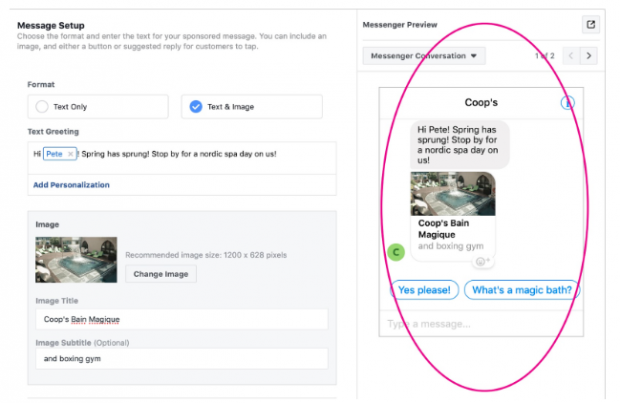 auto replies for a Facebook messenger ad from "Coop's Bain Magique"