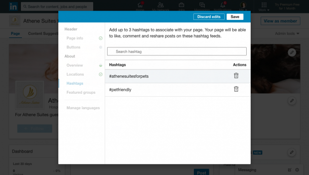 adding hashtags to linkedin showcase page 