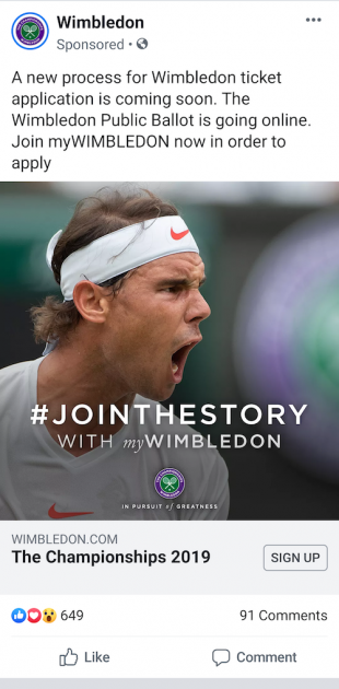 Wimbledon Facebook lead generation ad 3