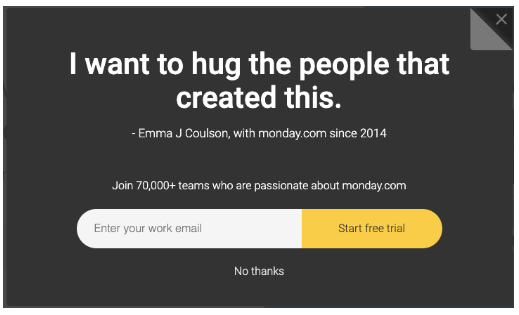 Testimonial for Monday.com's email newsletter sign up: "I want to hug the people that created this"