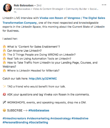 Description de la vidéo de Rob Balasabas LinkedIn Live