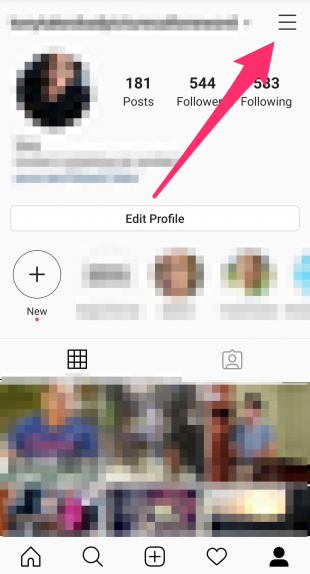 Hamburger menu in top left of Instagram profile