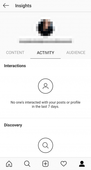 Información del perfil del creador de Instagram pestaña "Actividad"