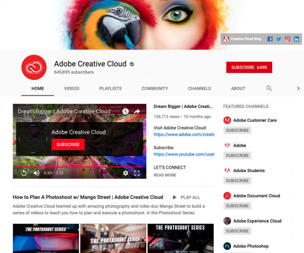 Adobe YouTube home page