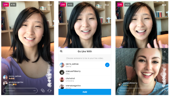 3张Instagram直播的截图显示:1)在屏幕的右下角出现许多心形，2)年轻女子选择一个人加入她的直播，3)分屏显示两个年轻女子同时直播