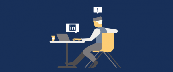 Illustration of a man looking at a laptop with a LinkedIn icon and an exclamation mark in a speech bubble above his head