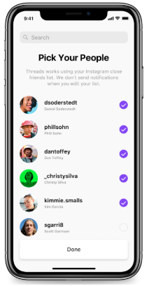 Instagram Threads choisissant le tableau de bord des amis proches