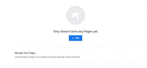 White web page that says "Tony doesn't have any pages yet" plus a blue "Add" button