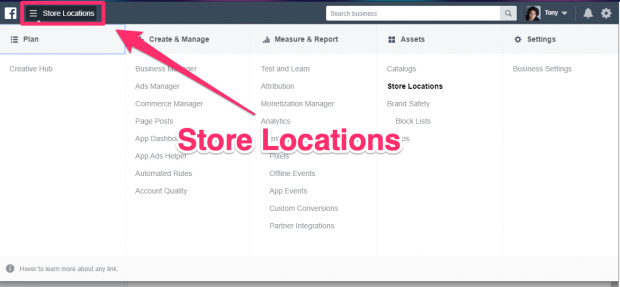 "Store Locations" button highlighted in Business Manager dashboard