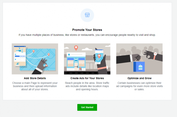 "Promote Your Stores" page with 3 options: Add Store Details, Create Ads for Your Stores, Optimize and Grow. Green "Get Started" button.