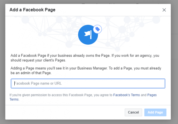 Add a Facebook Page prompt to add Facebook Page name or URL