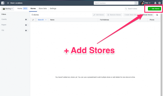 Add Store button highlighted in Business Manager dashboard