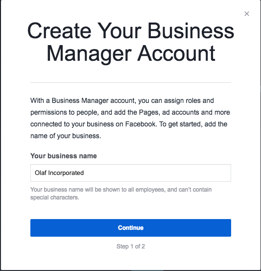 Create your Business Manager Account prompt including "Your business name" field