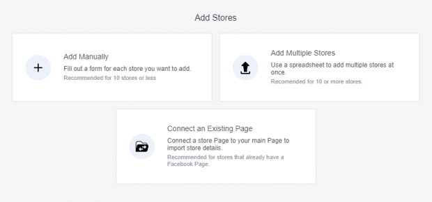 the 3 different ways to add stores: Add Manually, Add Multiple Stores, Connect an Existing Page