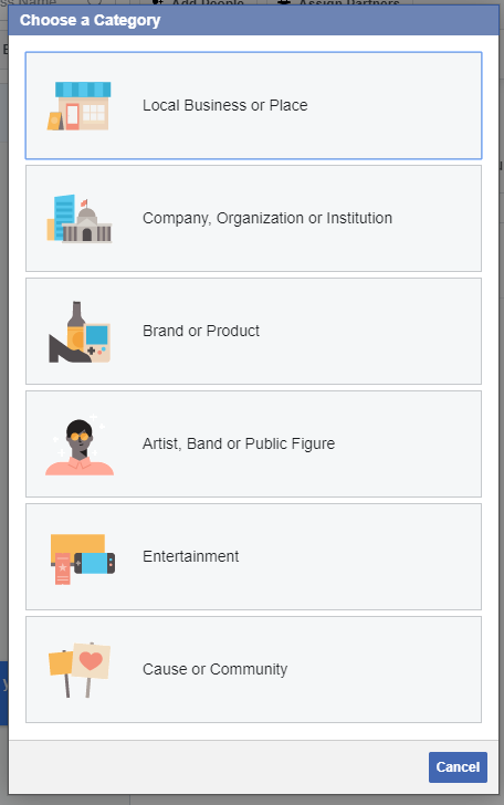 Facebook page categories: Local Business or Place; Brand or Product; Company, Organization, or Institution; Artist, Band, or Public Figure; Entertainment; Cause or Community