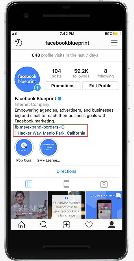 Facebook Blueprint's Instagram profile with custom link in bio for "expanding borders IG"