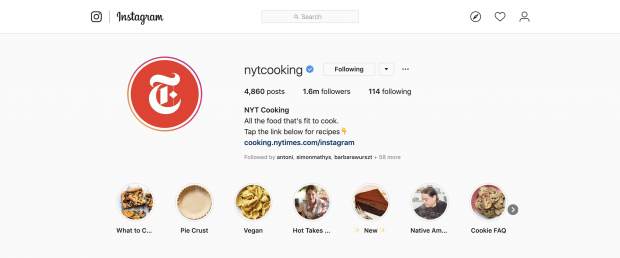 NYT Cooking's custom link-in-bio leads to recipes page