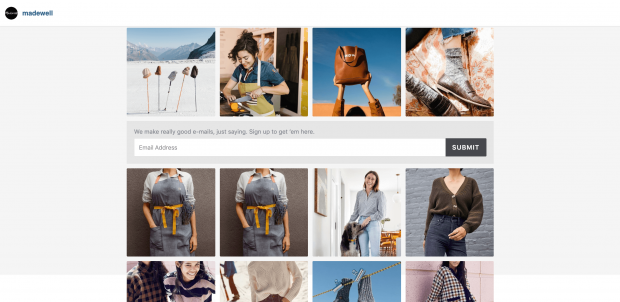 La page sur laquelle vous arrivez après avoir cliqué sur le lien in-bio de Madewell: plusieurs publications instagram et une lettre d'information par e-mail