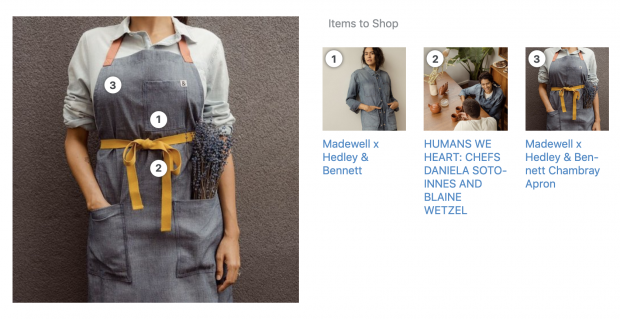 Poste Instagram Shoppable de Madewell, une femme debout dans un tablier avec la lavande dans sa poche et portant les numéros 1, 2 et 3 sur divers vêtements. Les chiffres correspondent aux articles que vous pouvez acheter à droite.