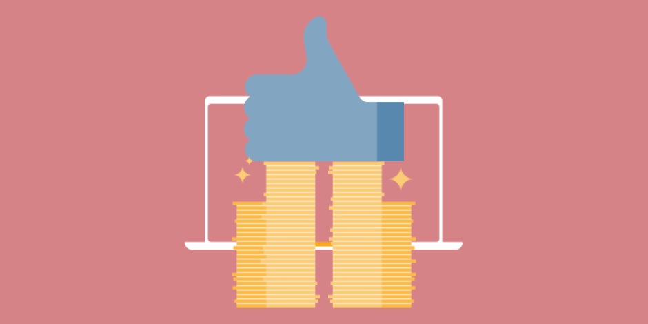Illustration of a giant Facebook Like icon (thumbs up) on top of a pile of coins in front of a laptop screen