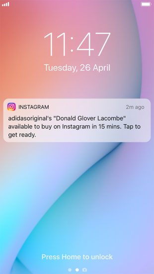 Instagram notification for launch of "Donald Glover X adidas Lacombe"