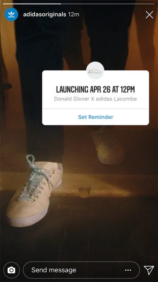 Adidas Instagram product launch sticker on a Story for "Donald Glover x adidas Lacombe" with prompt to "Set Reminder"