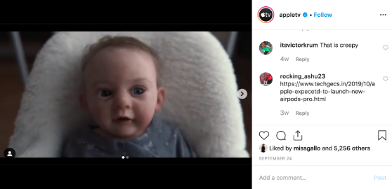 Instagram vidéo d'Apple TV qui commence par une photo d'un bébé mignon