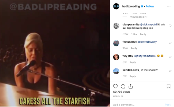 Instagram feed video of Lady Gaga playing piano with subtitles (but the subtitles are wrong)