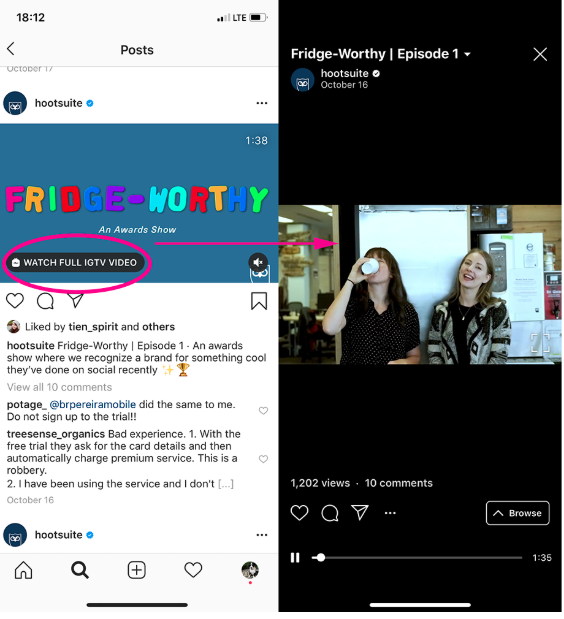 Screenshot of Instagram feed video by Hootsuite highlighting the "watch full IGTV video" prompt