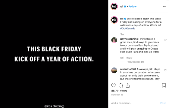 REI Instagram feed video screenshot, text says "This Black Friday kick off a year of action"