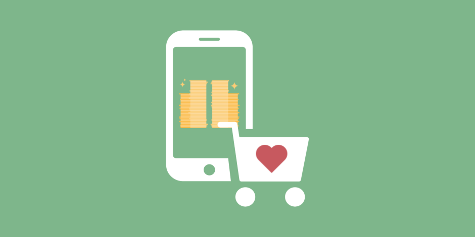 illustration of a phone with piles of gold coins on it and a shopping cart with a heart on it