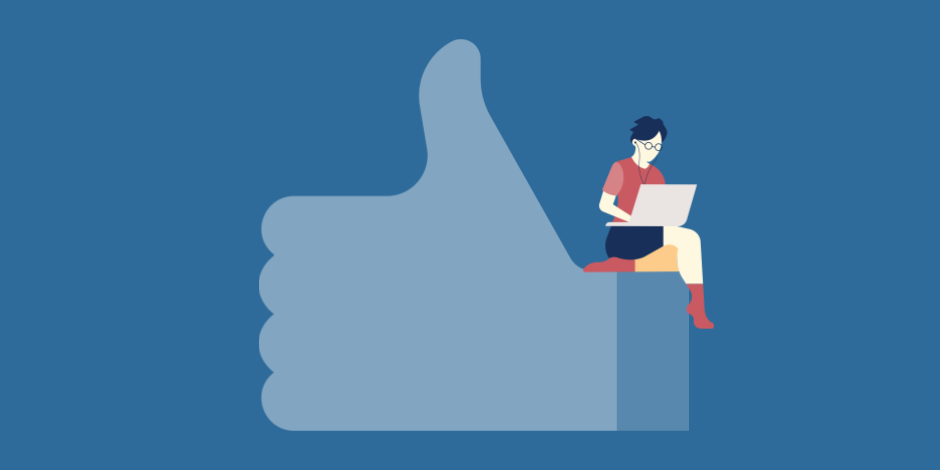 illustration of Facebook like thumb with young woman sitting on top of it working on her laptop