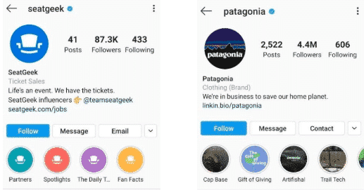 Bios Instagram pour Patagonia et SeatGeek