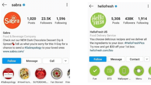 Instagram bios for Sabra and Hello Fresh