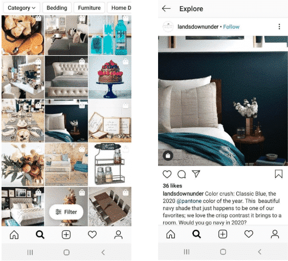 Instagram shopping posts, plus one closeup of a shoppable post for bedding by @landsdownunder