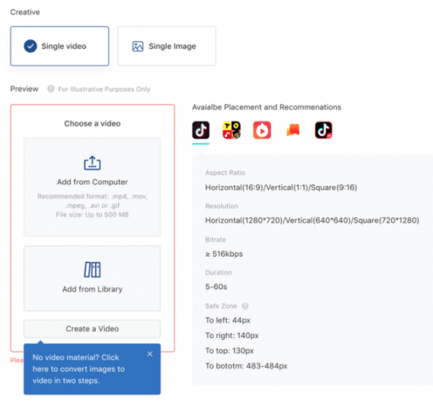 Single video or single image options for TikTok advertising