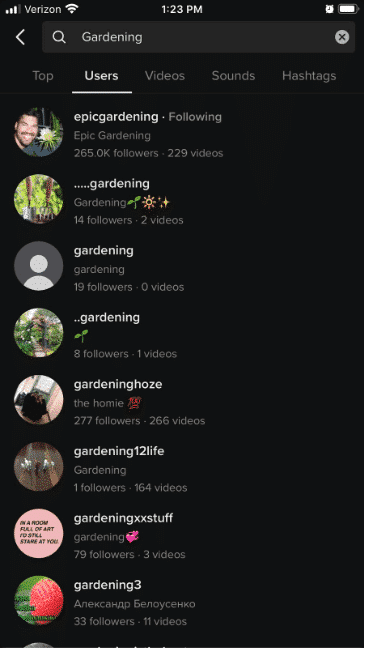 searching for "Gardening" under "Users" with results