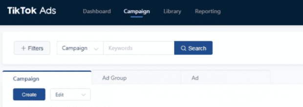 "Campaign" button highlighted in TikTok ads dashboard