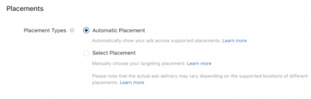 Tiktok advertising placements, set to "Automatic Placements"