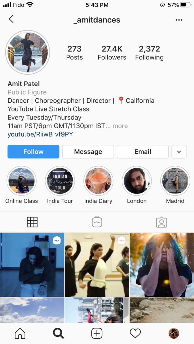 Profil Instagram d'Amit Patel avec calendrier de diffusion en direct