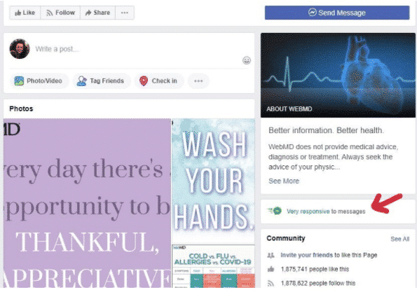 "Very responsive to messages" badge on WebMD Facebook page