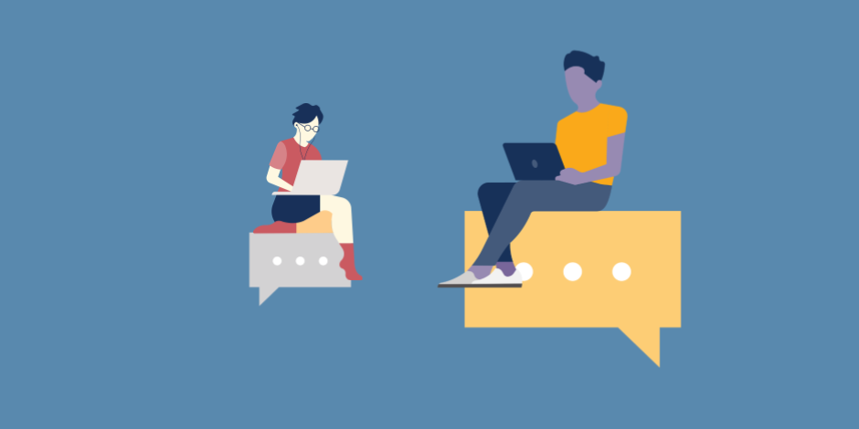 illustration: two people perched atop message bubbles typing on their laptops